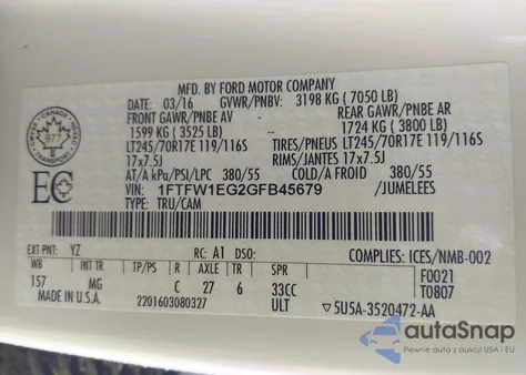 2016 Ford F-150 Xlt из США, поврежденный, VIN 1FTFW1EG2GFB45679